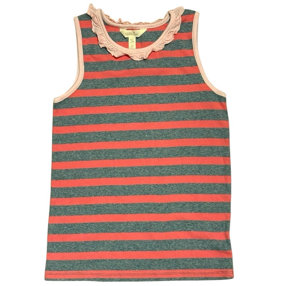 Matilda Jane Girls Striped Ruffle Neck Tank Top Size 8 Coral Pink Gray